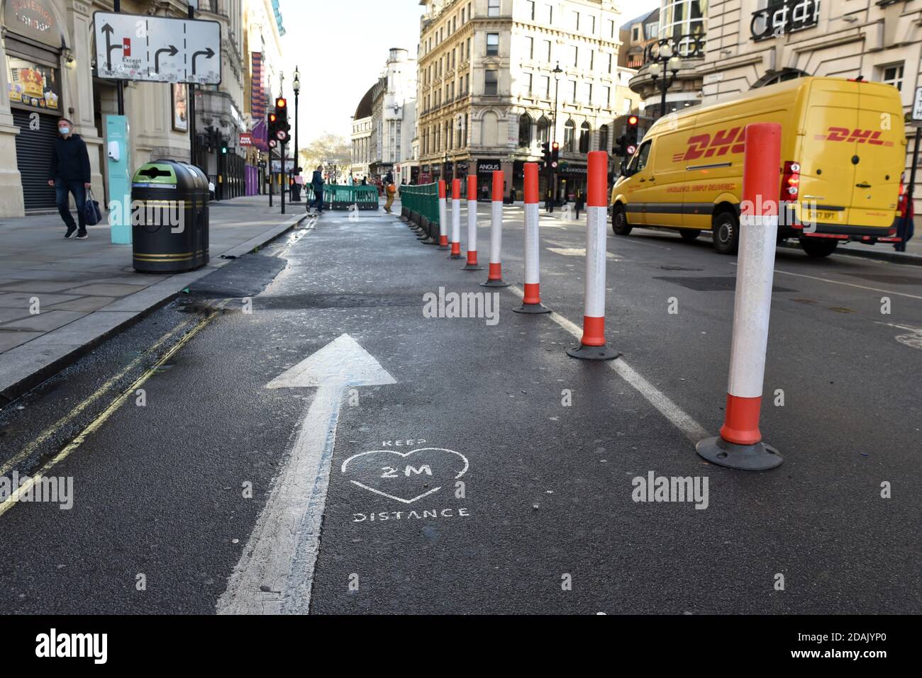 Piccadilly Circus, London, UK. 13th Nov 2020. Pavement widening in Piccadilly Circus. The