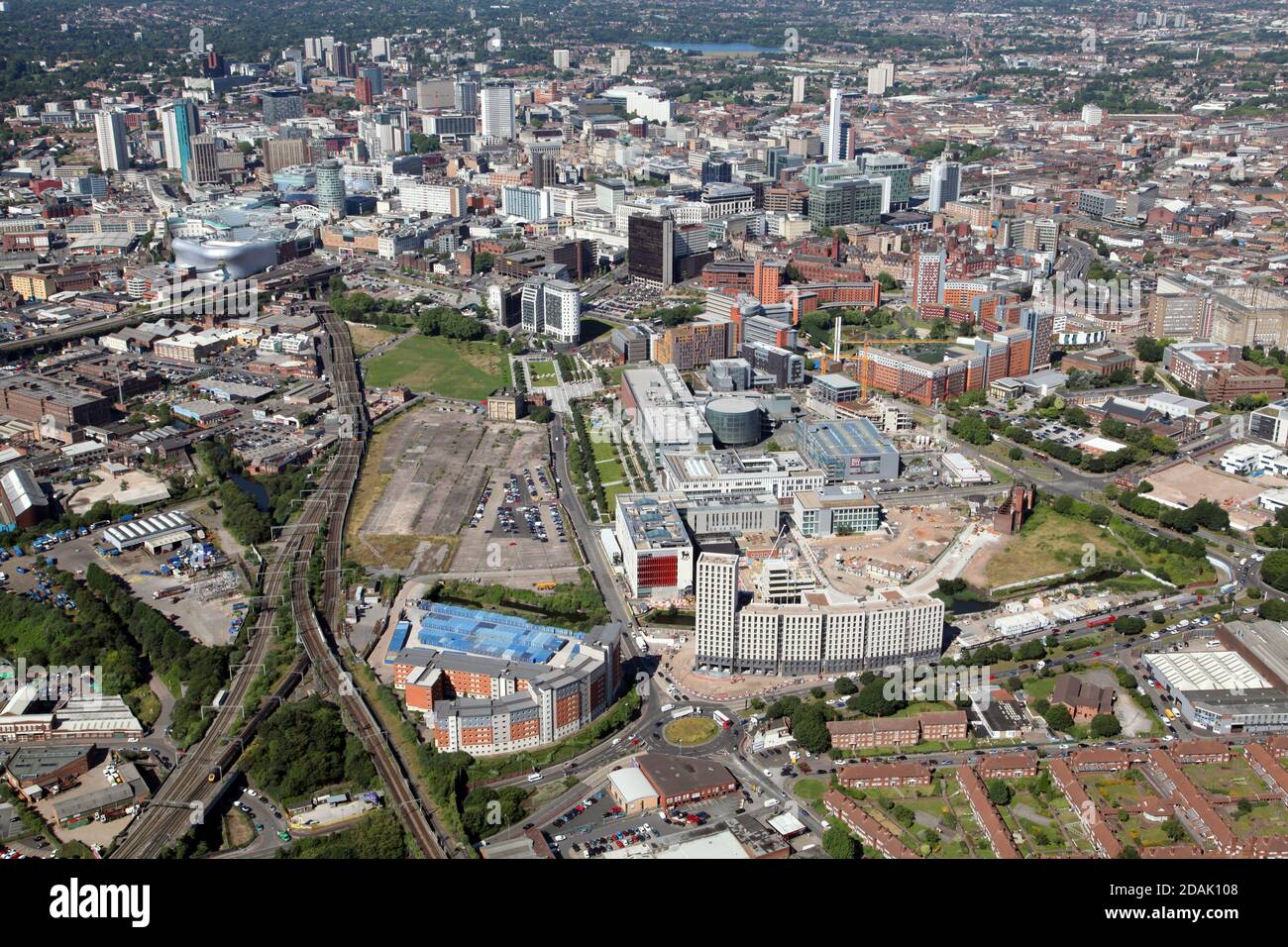 aerial view looking west down Curzon Street towards Birmingham city centre with Birmingham City University & Millennium Point prominent Stock Photo