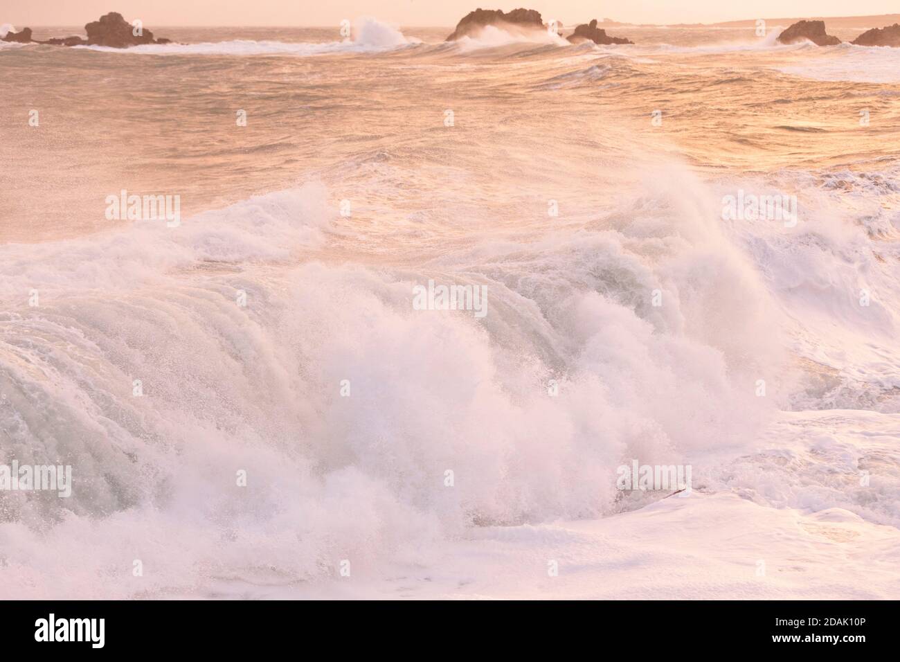 Huge waves at sunrise while Storm Ciara rages at Cap de la Hague, Auderville, Cotentin Peninsula, Normandy Stock Photo