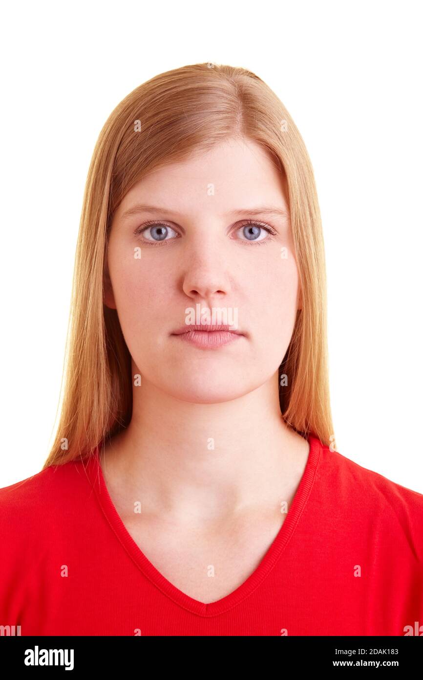 Blonde woman looks seriously at the camera Stock Photo