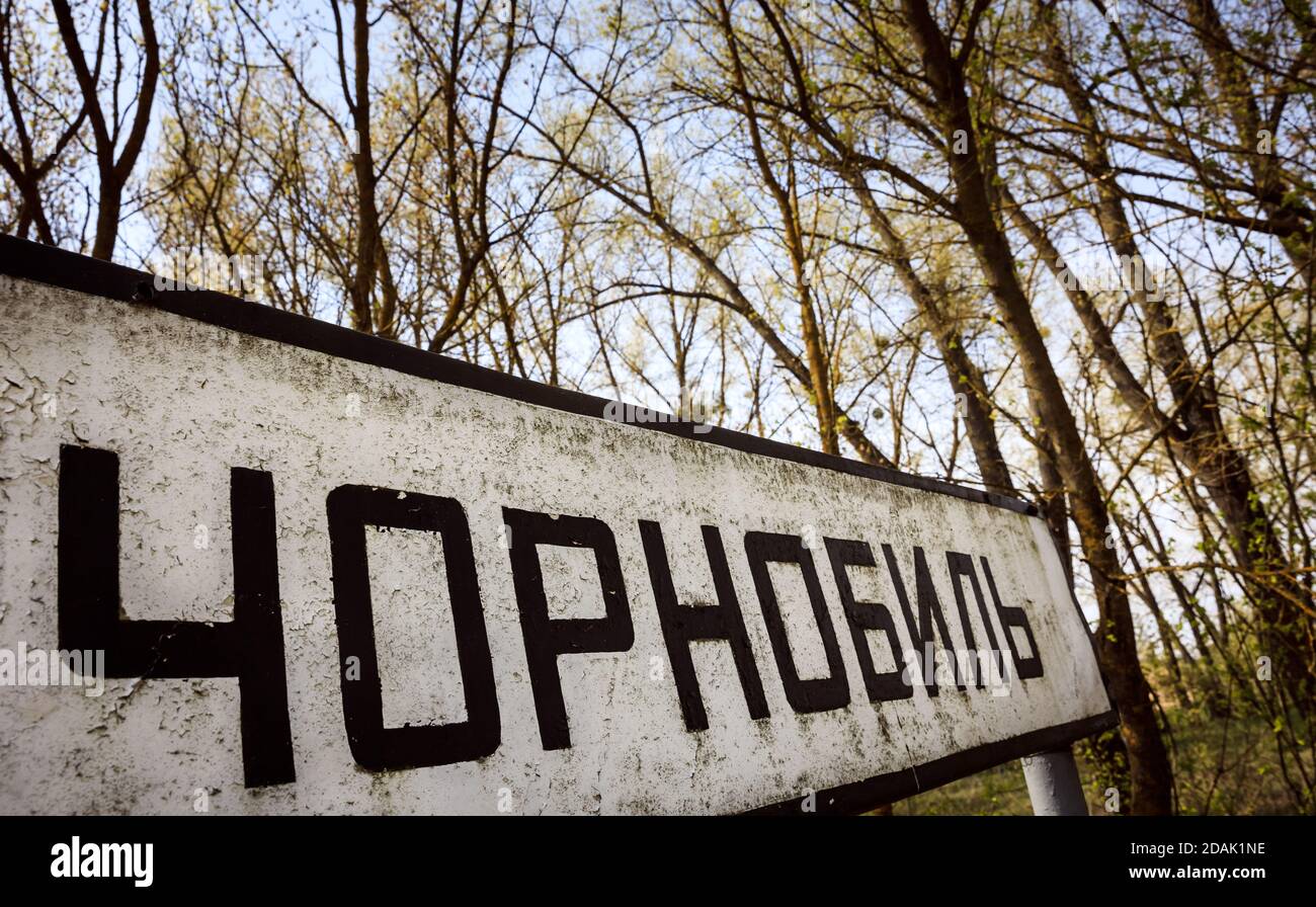 Chernobyl sign. Text on sign: Chernobyl (city name). Chernobyl ...