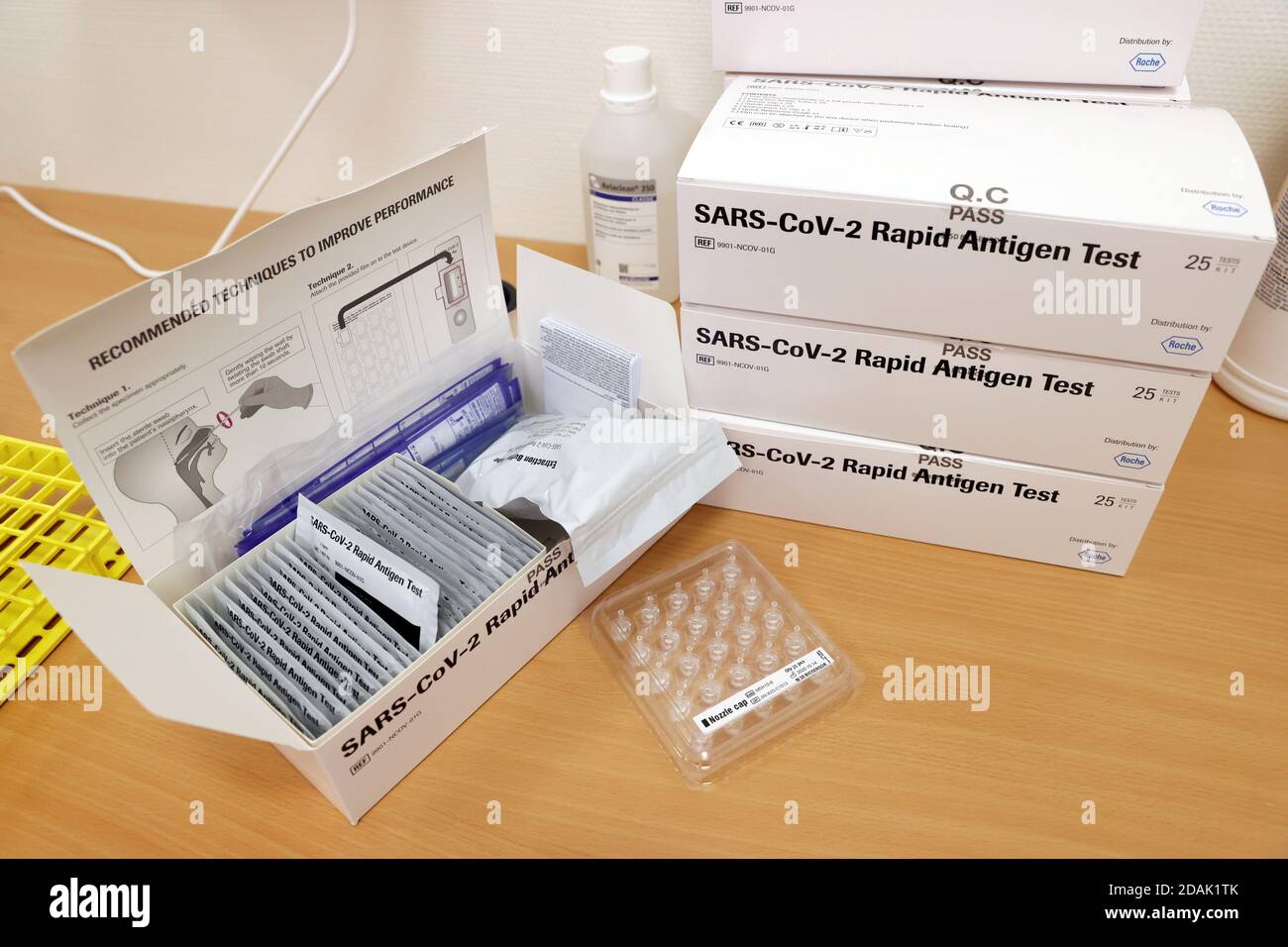 A box of material for rapid COVID-19 antigenic tests made by Swiss  drugmaker Roche is pictured at the University Hospital (CHUV) during the  coronavirus disease (COVID-19) outbreak in Lausanne, Switzerland, November  13,