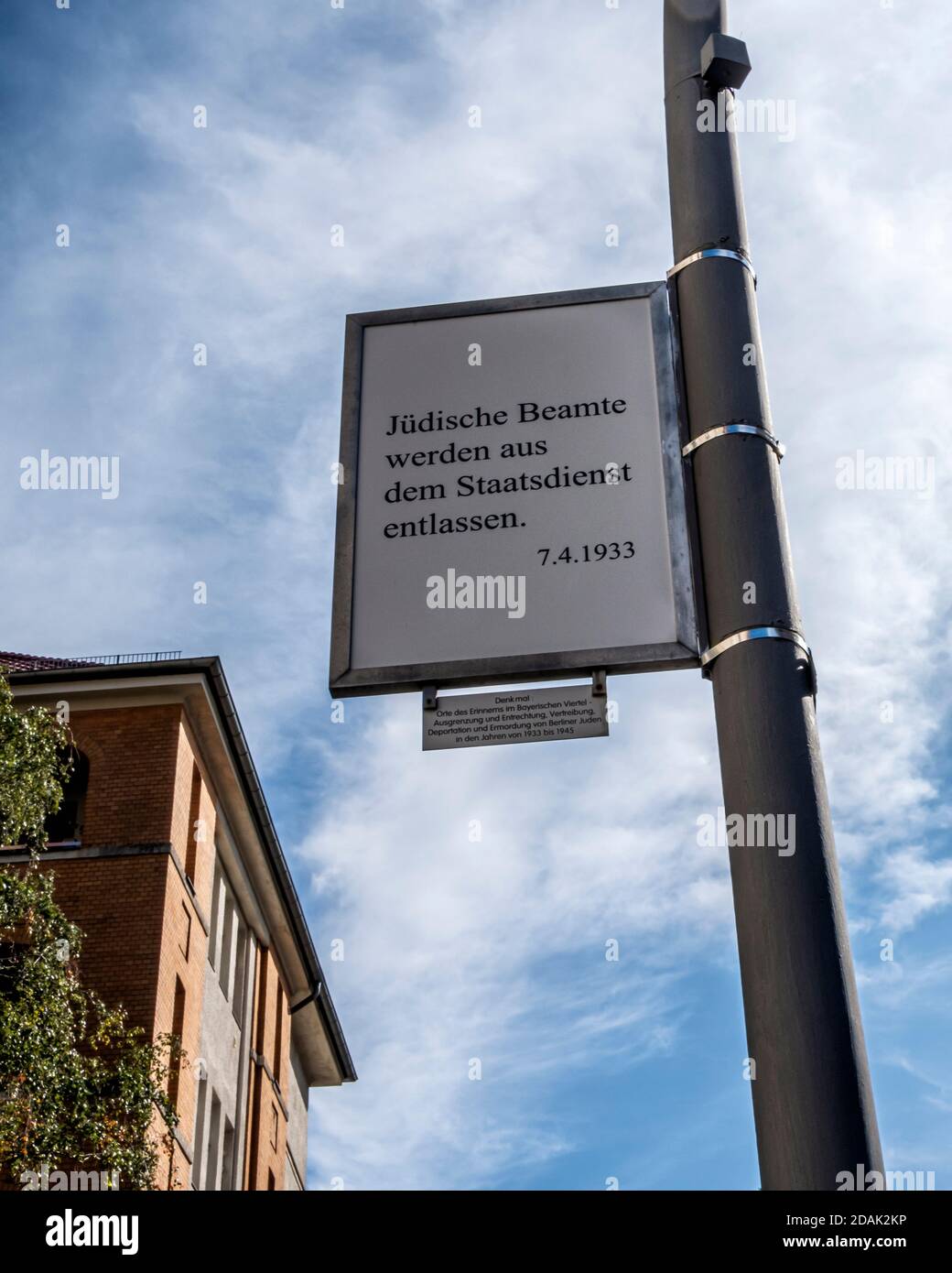 Berlin Schöneberg, Bavarian Quarter. Places of Remembrance memorial, One of 80 double-sided signs on lampposts depicting anti-Jewish Nazi rules. Stock Photo