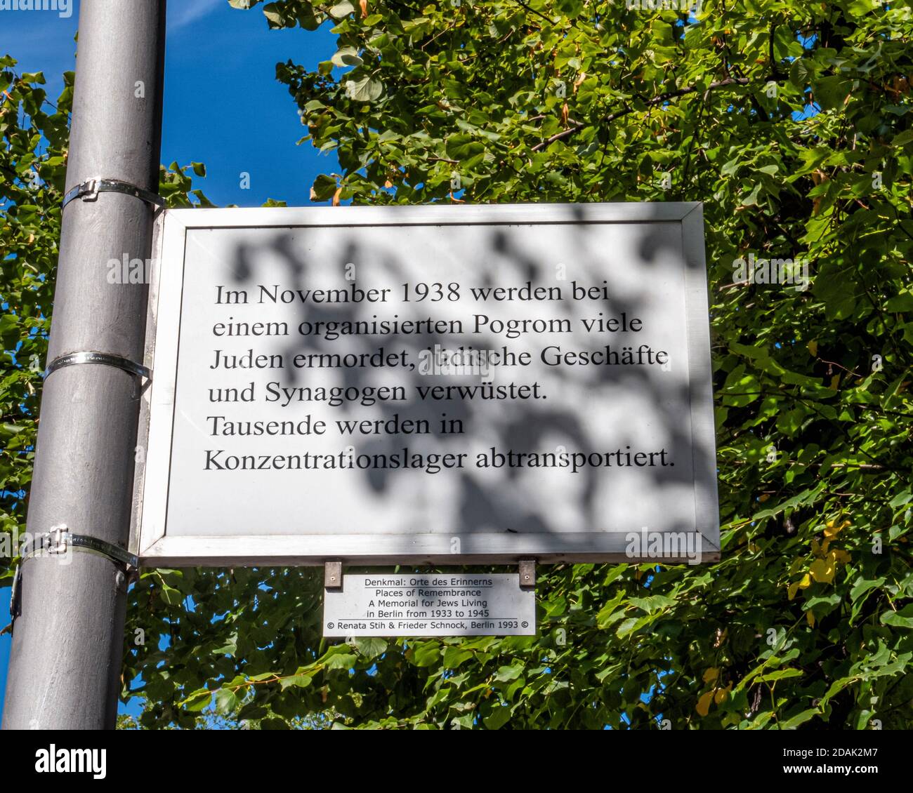 Berlin Schöneberg, Bavarian Quarter. Places of Remembrance memorial, One of 80 double-sided signs on lampposts depicting anti-Jewish Nazi rules. Stock Photo