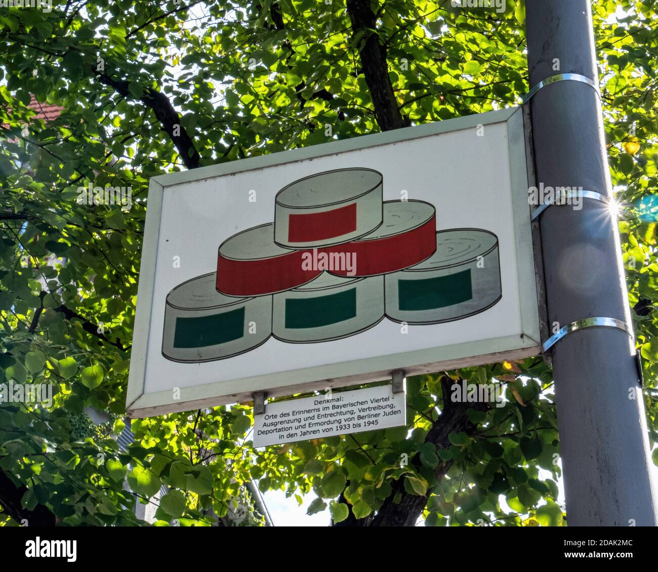 Berlin Schöneberg, Bavarian Quarter. Places of Remembrance memorial, One of 80 double-sided signs on lampposts depicting anti-Jewish Nazi rules.Artwor Stock Photo