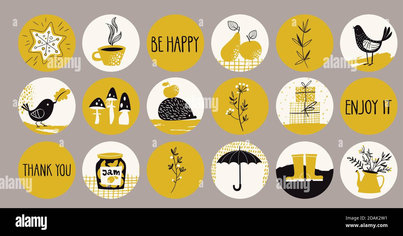 Set of various hand drawn highlights and story icons for social media Stock Vector