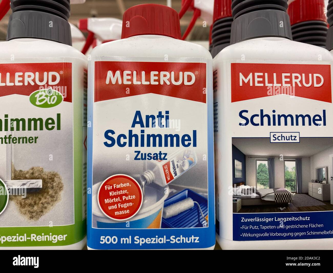 Viersen, Germany - May 2. 2020: View on bottles Mellerud anti moulding solution in shelf of german supermarket Stock Photo