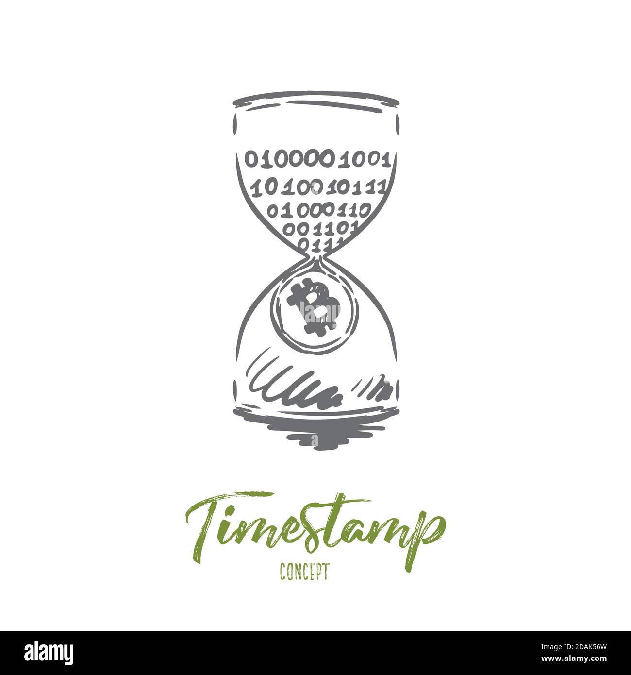 Timestamp, bitcoin, blockchain, currency, digital concept. Hand drawn