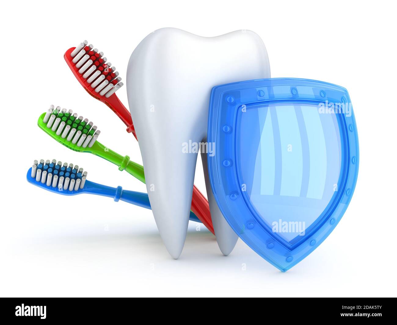 Tooth, three toothbrush and protect shield on white background. 3d