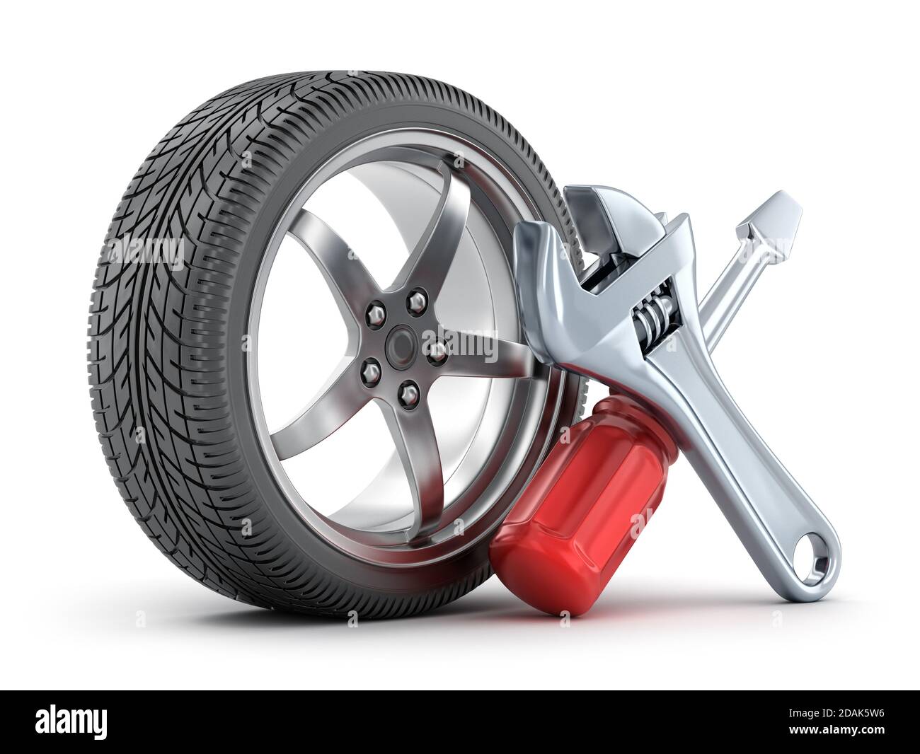 Wheel car and tools on white background. 3d illustration Stock Photo