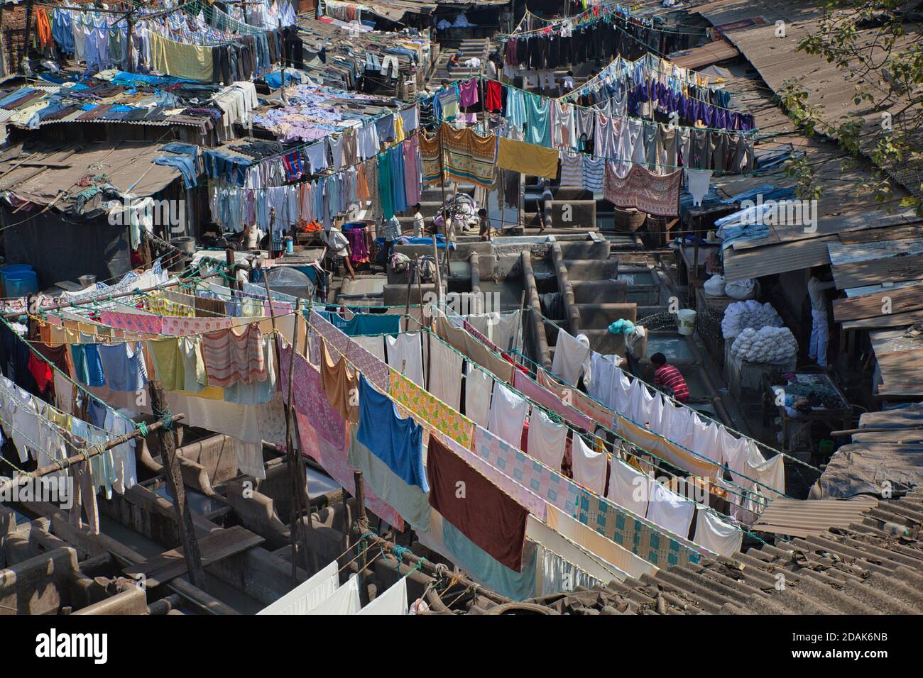 Masses of laundry being done with much of it hanging up to dry on racks, in central Mumbai, India Stock Photo