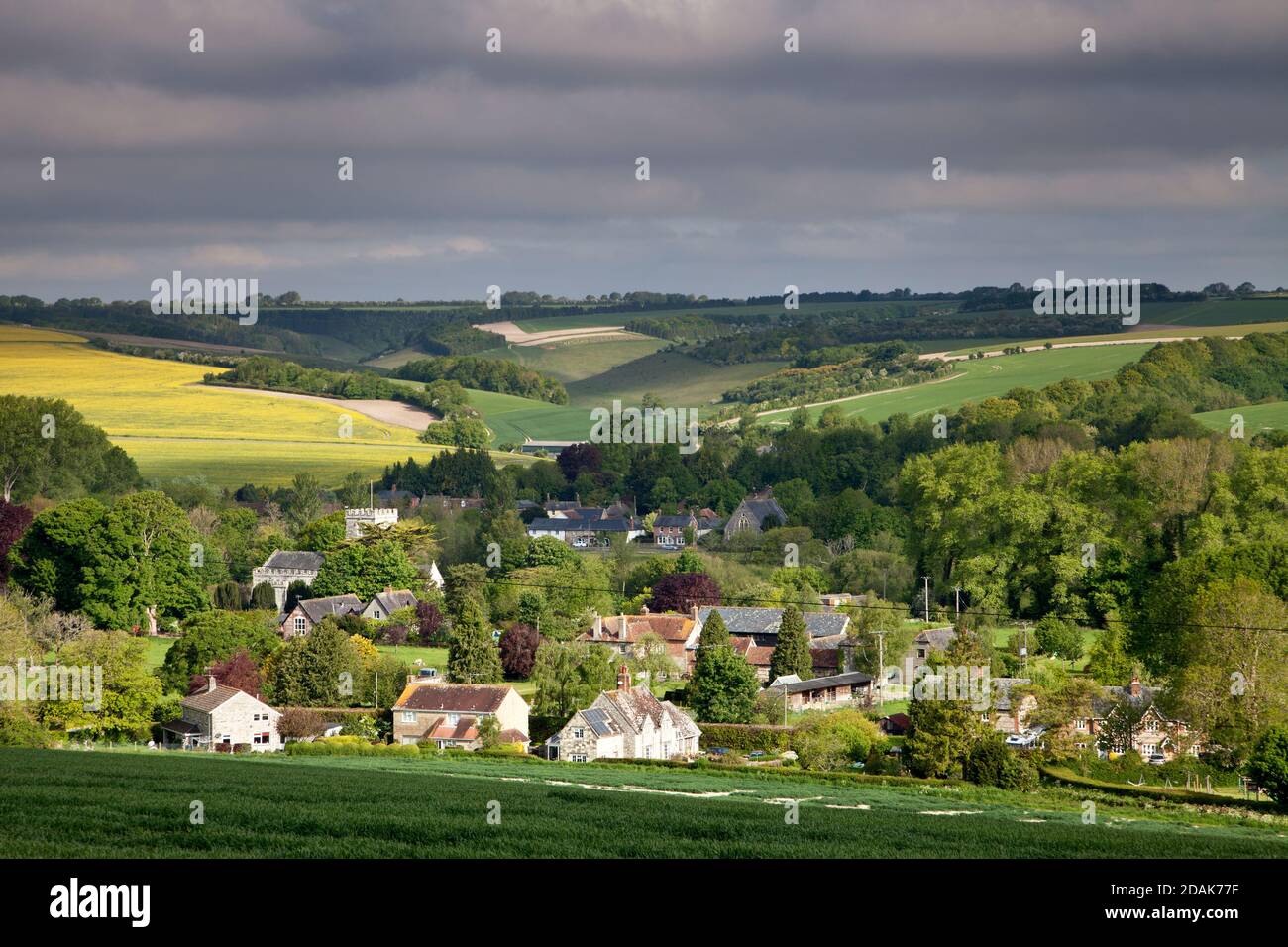 The village of Broad Chalke in Wiltshire viewed from Knighton Hill. Stock Photo