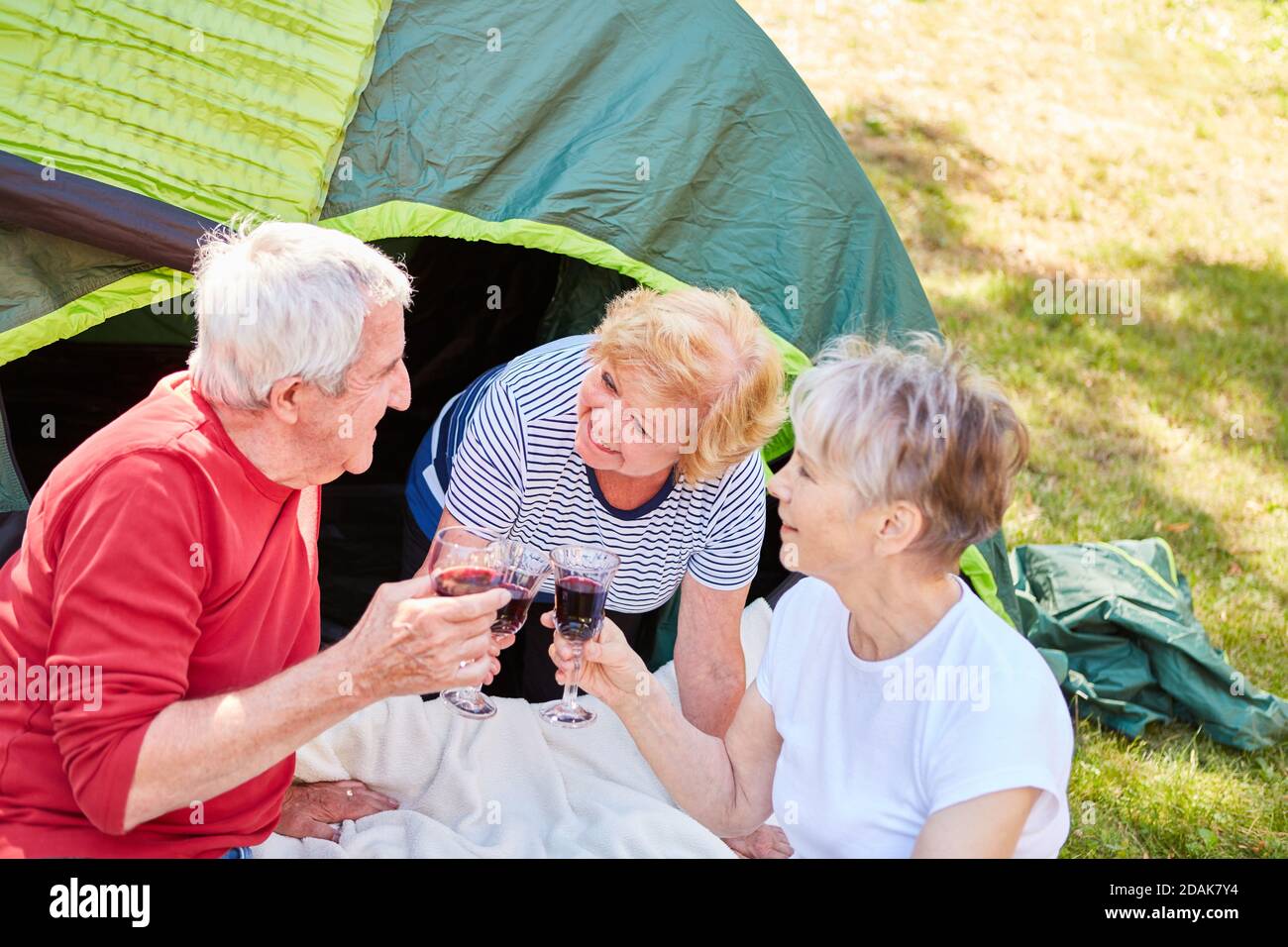 Group of seniors toast with a glass of red wine in front of the tent on a camping holiday Stock Photo