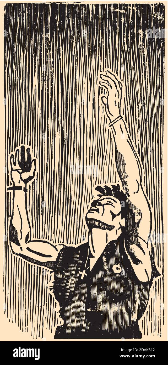 Scanned woodcut of a soldier raising his hands to the sky in dramatic way and comics style. Xylograph and digital retouch. Stock Photo