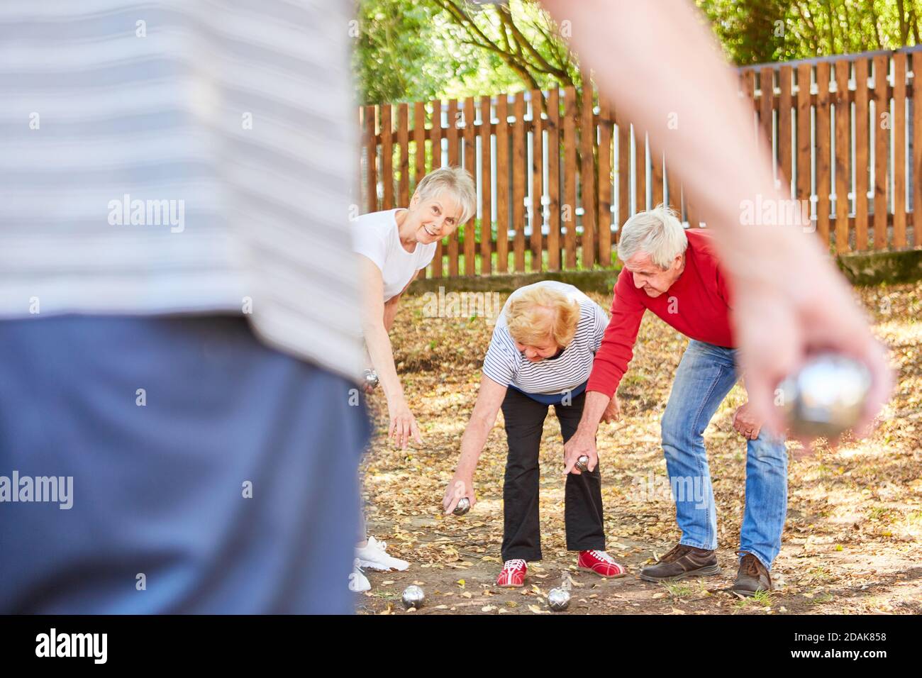Group of seniors play boules or bocce together as a competition in the garden Stock Photo