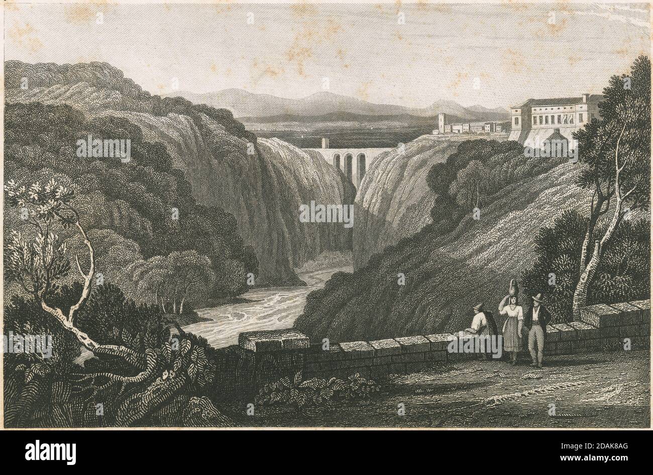 Antique c1850 engraving, Civita Castellana in Italy, likely a romantic or fantastical view of the area. Civita Castellana is a town and comune in the province of Viterbo, 65 kilometres (40 mi) north of Rome. SOURCE: ORIGINAL ENGRAVING Stock Photo