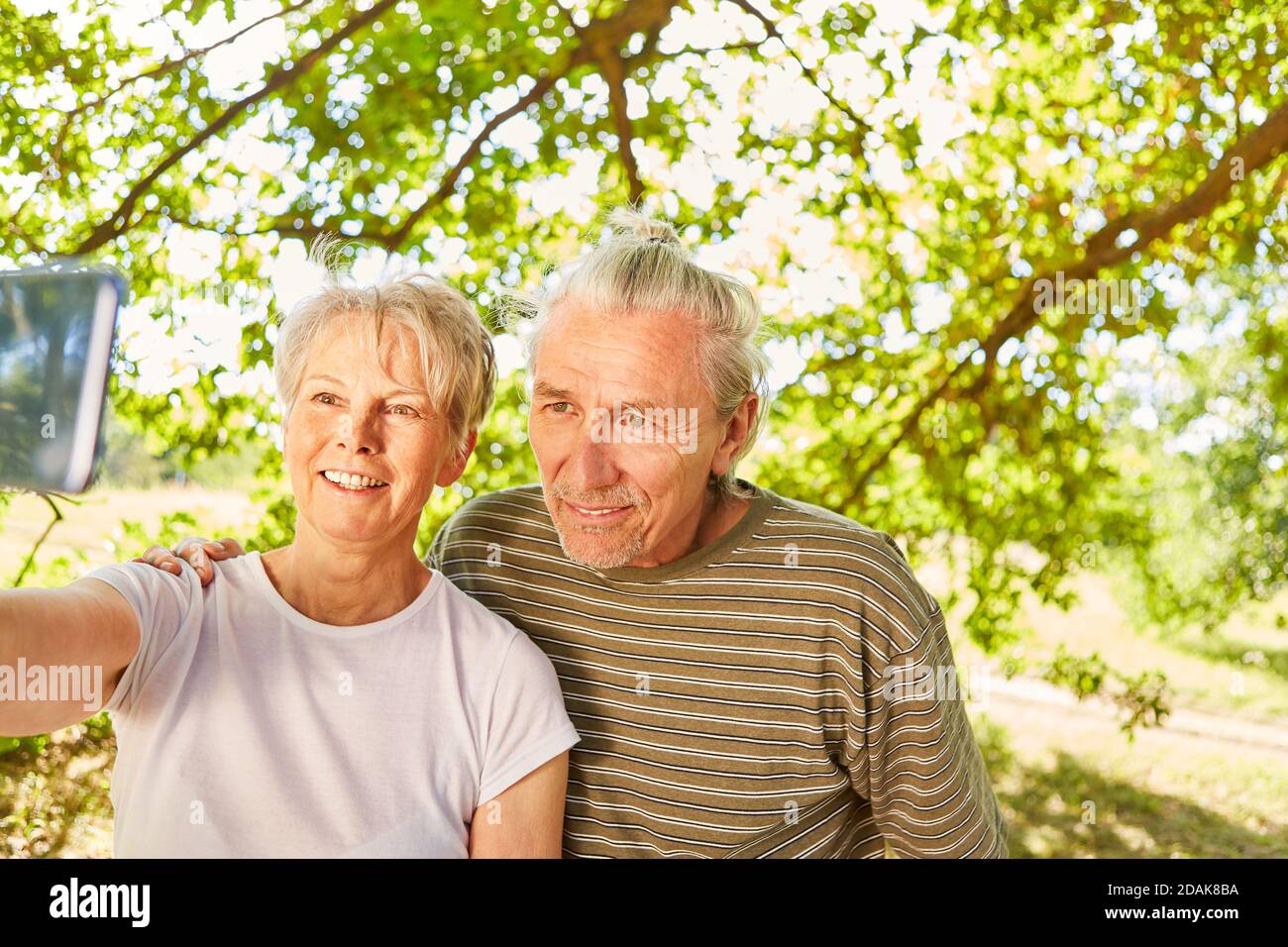 Smiling senior couple in the park in summer makes a selfie with ...