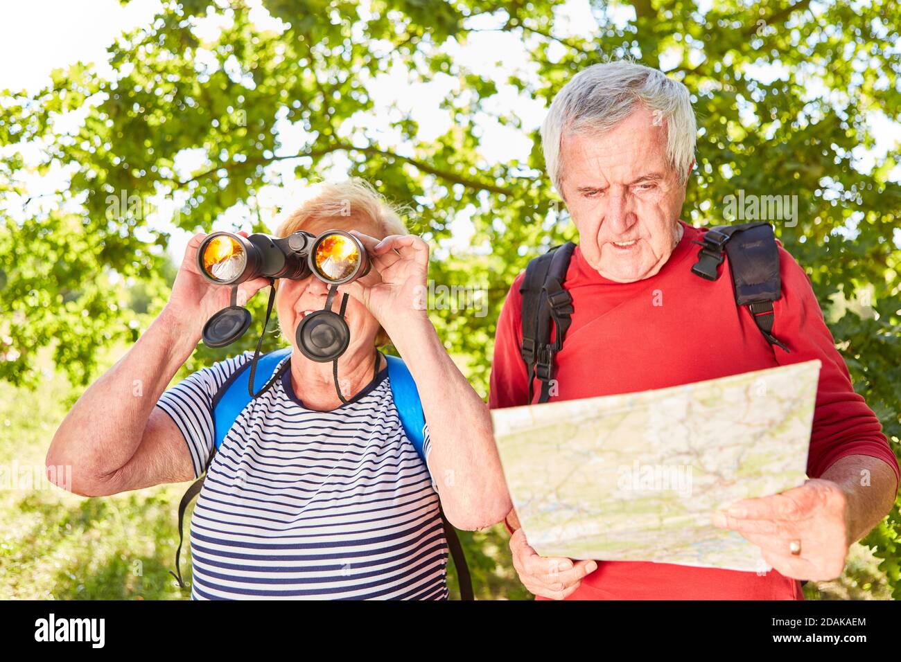 Active senior couple as ornithologists with binoculars and map in summer in the forest Stock Photo