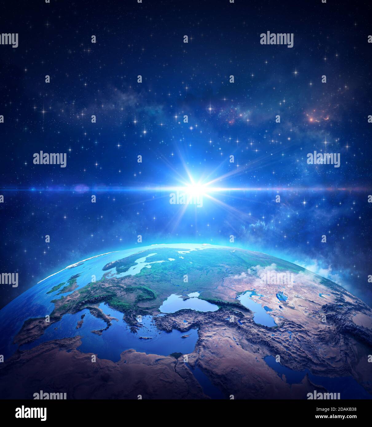Surface of Planet Earth, space view of the World focused on Europe. The blue light of a comet shining into deep space. 3D illustration - Elements of t Stock Photo