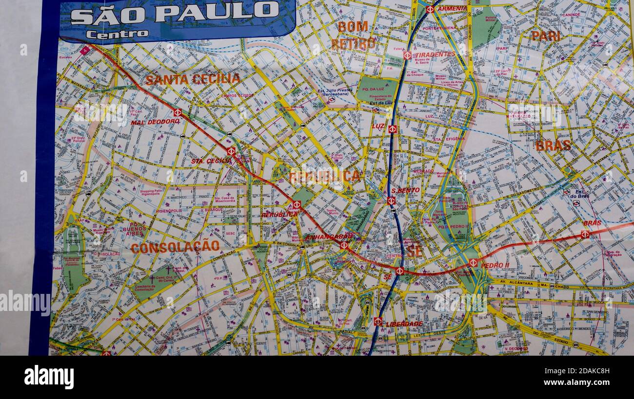 Map of Sao Paulo, Brazil, known as a guide, leaflet showing the city center of Sao Paulo, Brazil with streets and neighborhoods Stock Photo