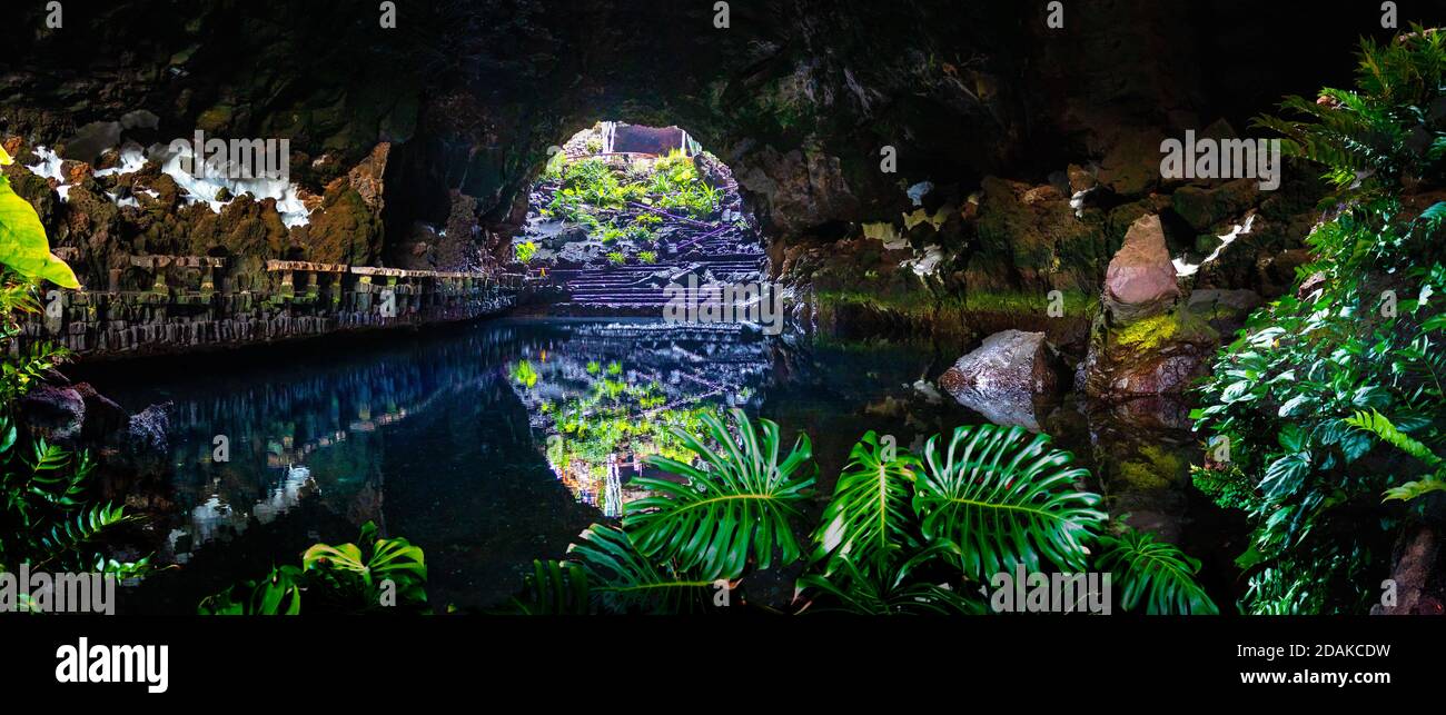 Volcanic cave or grotto. Beautiful cave in Jameos del Agua, Lanzarote, Canary Islands, Spain Stock Photo