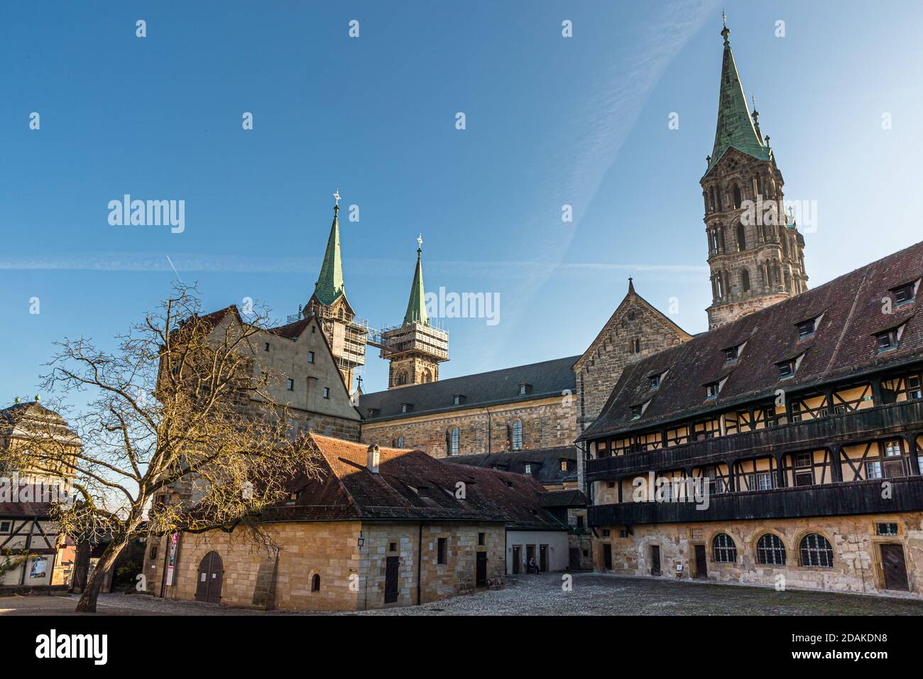 The towers of Bamberg Cathedral St. Peter and St. George covered in scaffolds. Bamberg Cathedral, Germany (Bamberger Dom St. Peter und St. Georg) Stock Photo