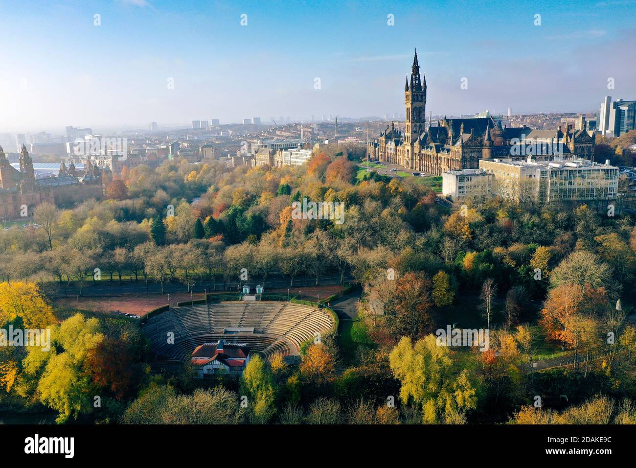 Aerial drone view of Kelvingrove bandstand with Glasgow University in background Stock Photo