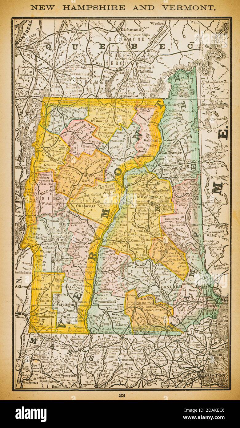 19th century map of New Hampshire and Vermont. Published in New Dollar Atlas of the United States and Dominion of Canada. (Rand McNally & Co's, Chicag Stock Photo