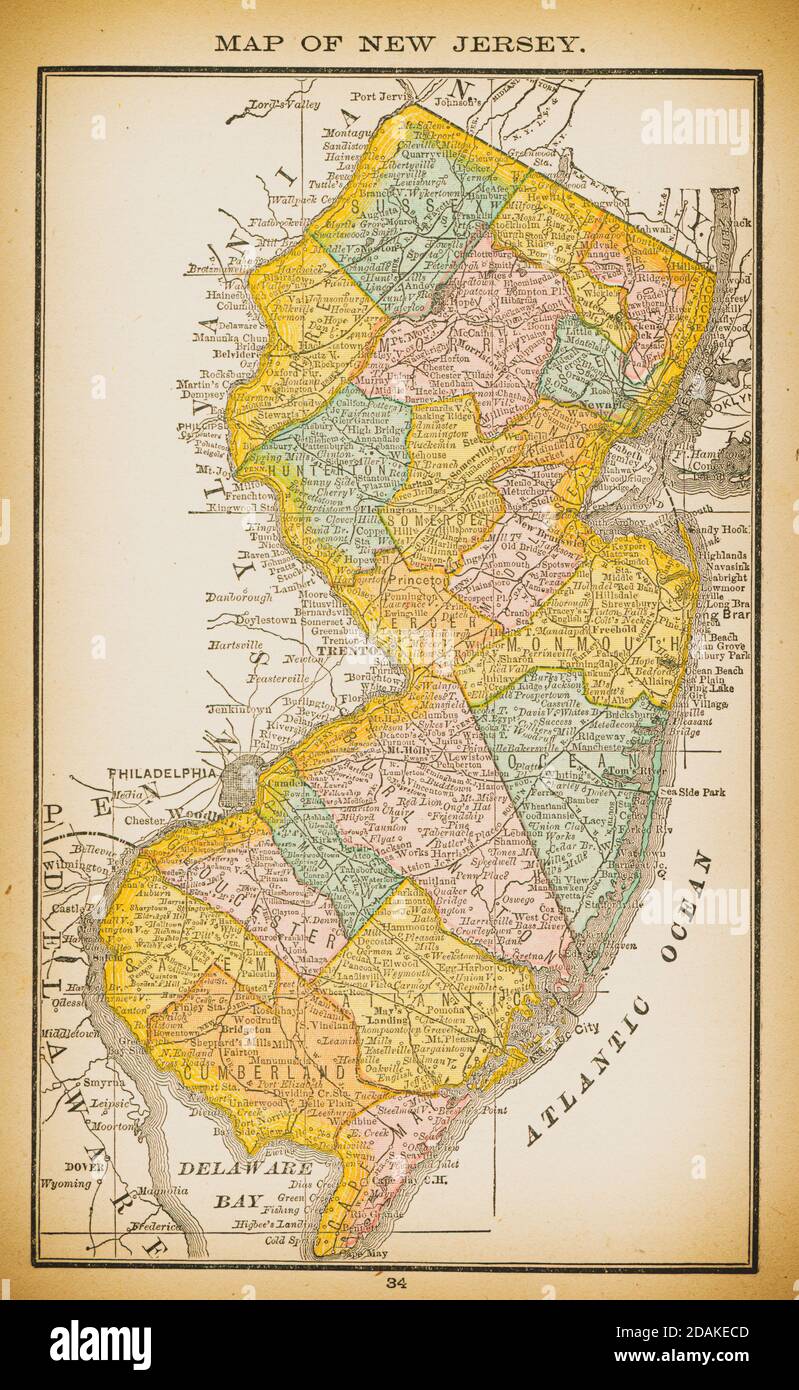 19th century map of New Jersey. Published in New Dollar Atlas of the United States and Dominion of Canada. (Rand McNally & Co's, Chicago, 1884). Stock Photo