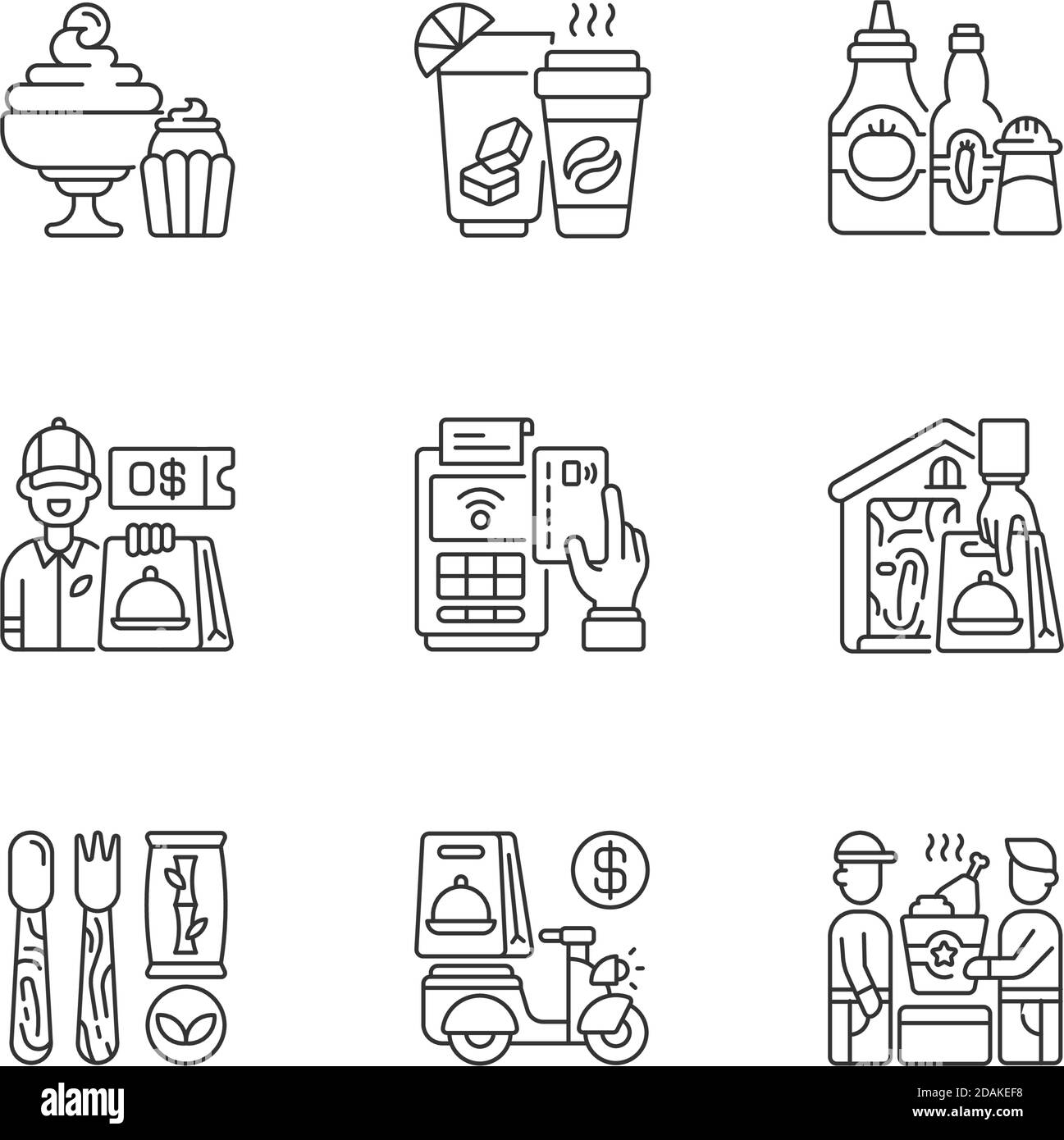 Delivery and takeout linear icons set Stock Vector
