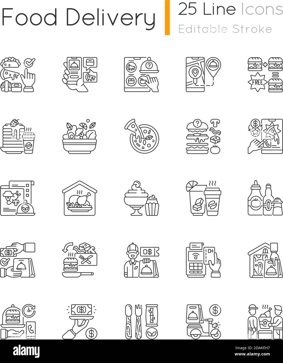 Food delivery linear icons set Stock Vector