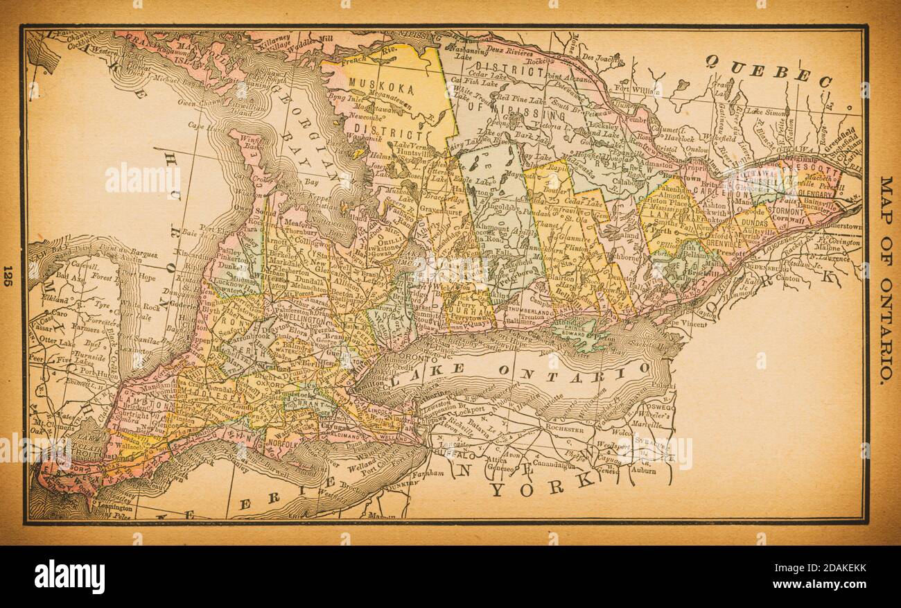 19th century map of Ontario. Published in New Dollar Atlas of the United States and Dominion of Canada. (Rand McNally & Co's, Chicago, 1884). Stock Photo