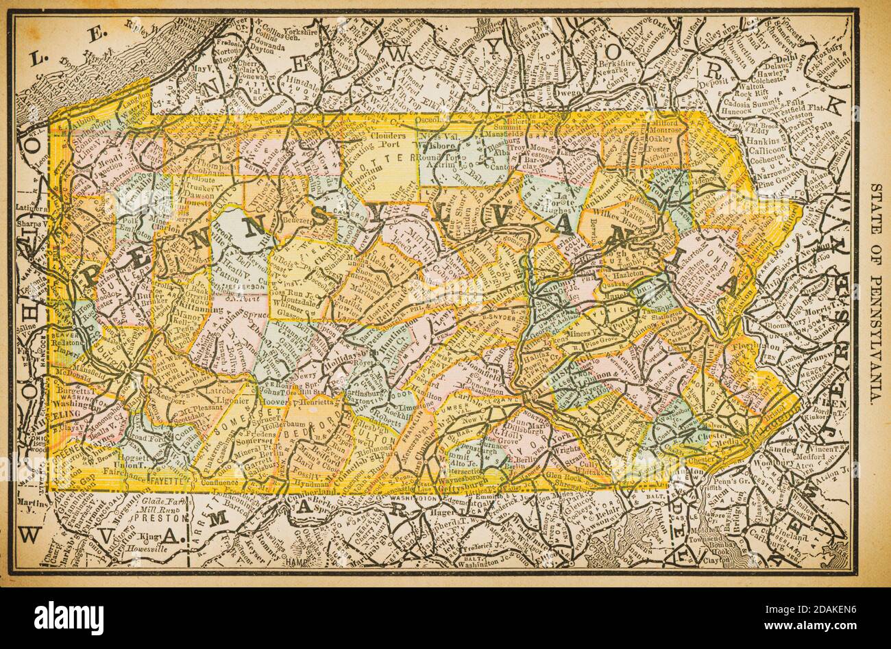 19th century map of Pennsylvania.Published in New Dollar Atlas of the United States and Dominion of Canada. (Rand McNally & Co's, Chicago, 1884). Stock Photo