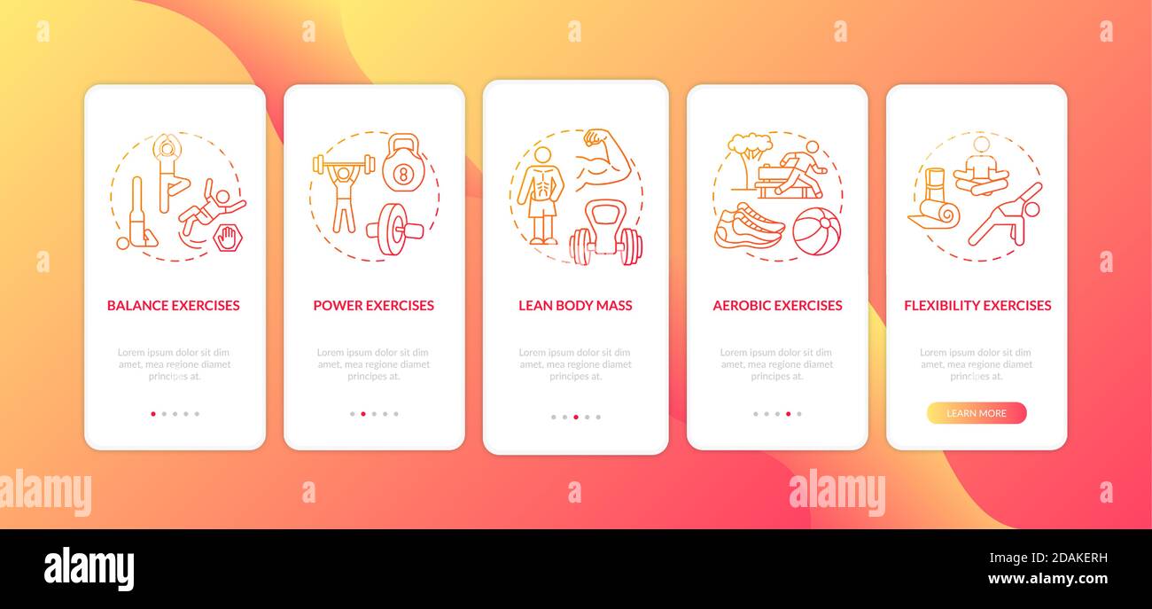 Exercises red onboarding mobile app page screen with concepts Stock Vector