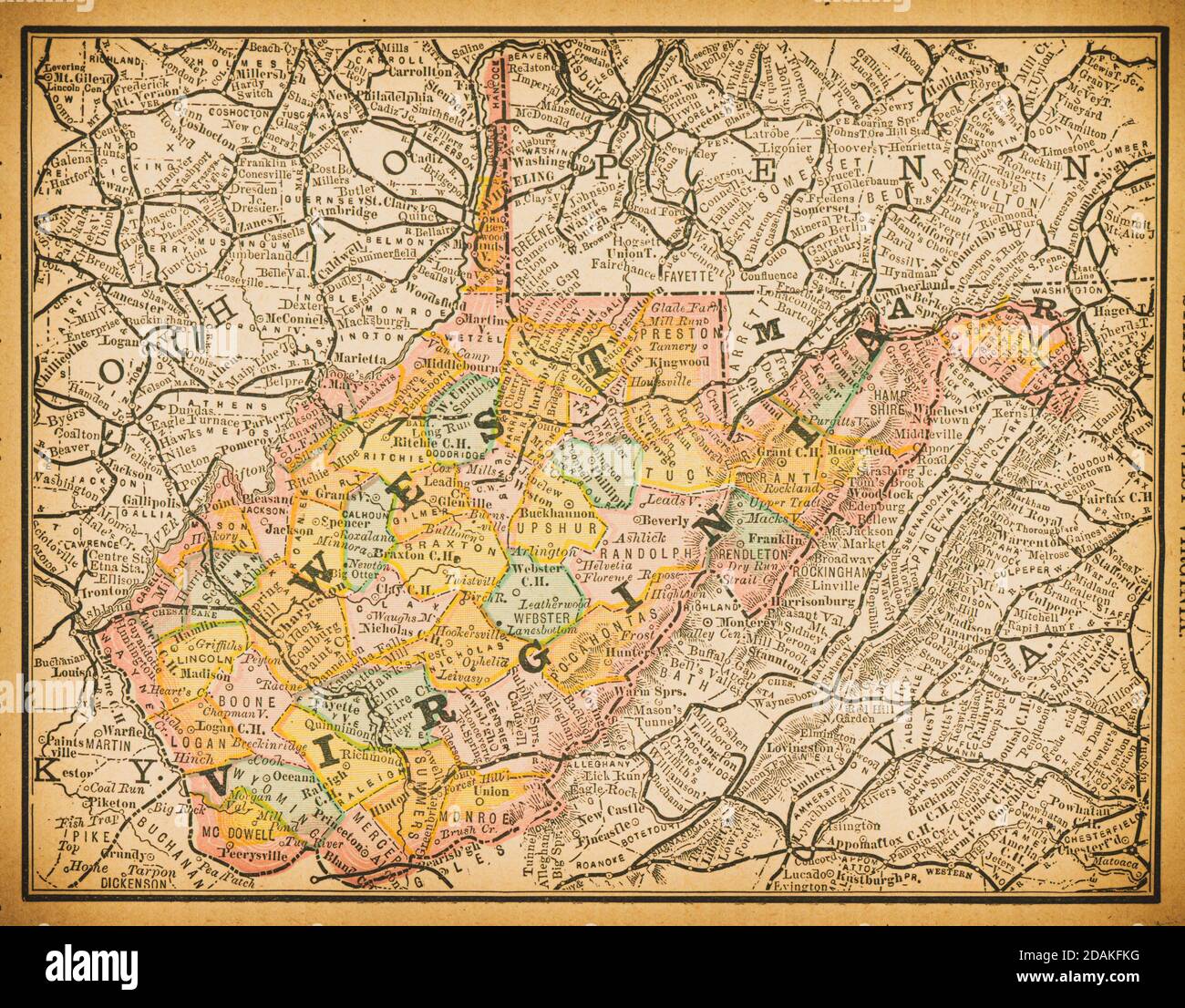 19th century map of West Virginia.Published in New Dollar Atlas of the United States and Dominion of Canada. (Rand McNally & Co's, Chicago, 1884). Stock Photo