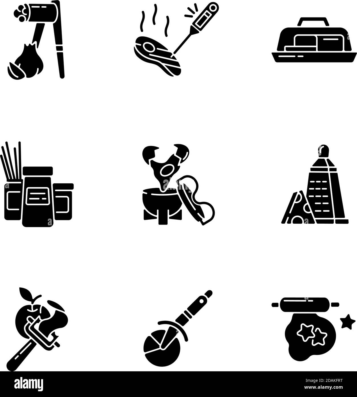 Food preparation utensils black glyph icons set on white space Stock Vector