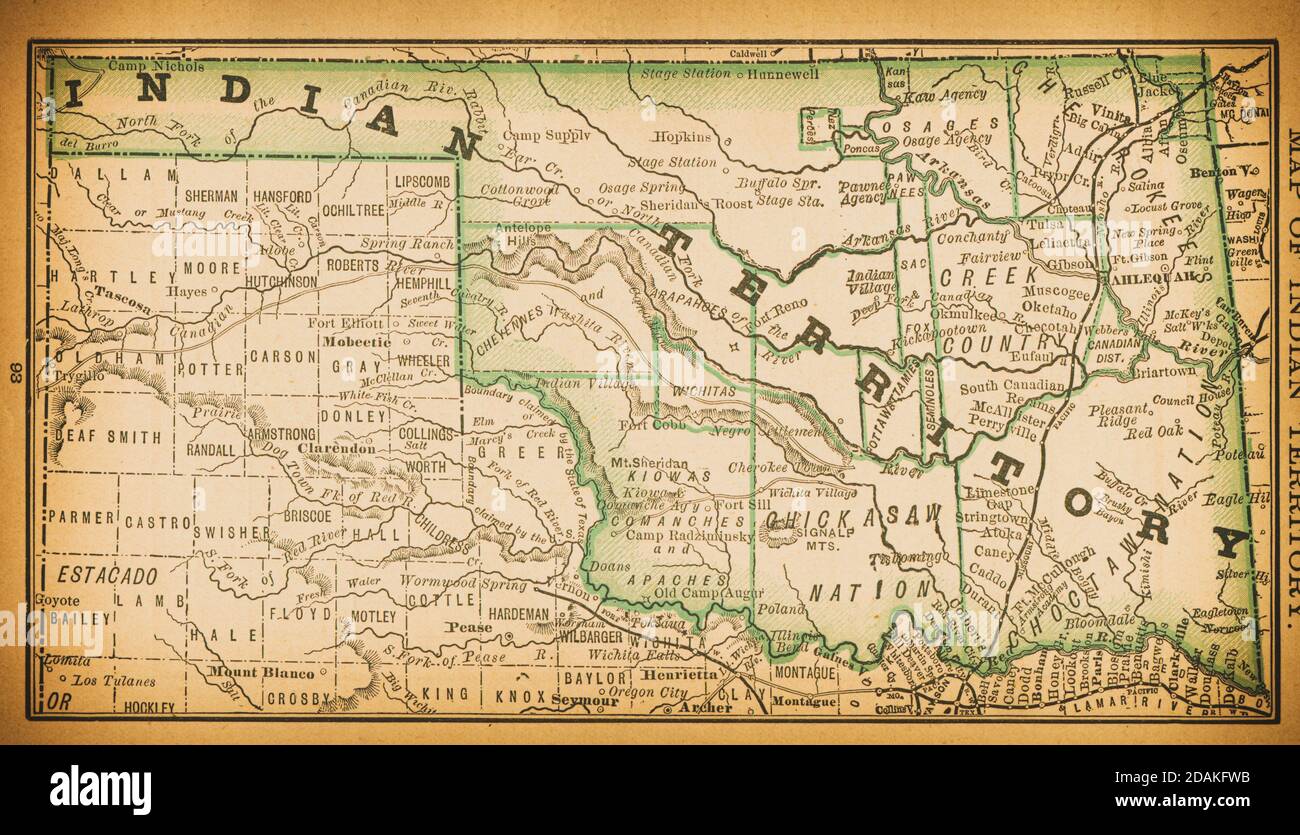 19th century map of Indian Territory. Published in New Dollar Atlas of the United States and Dominion of Canada. (Rand McNally & Co's, Chicago, 1884). Stock Photo