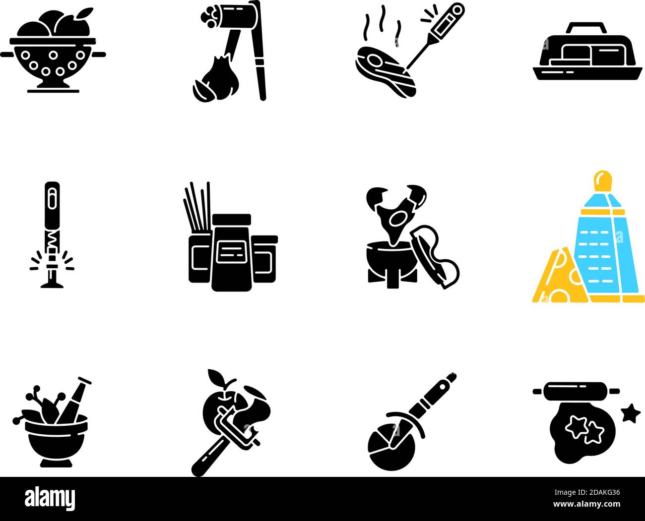 Kitchen tools black glyph icons set on white space Stock Vector