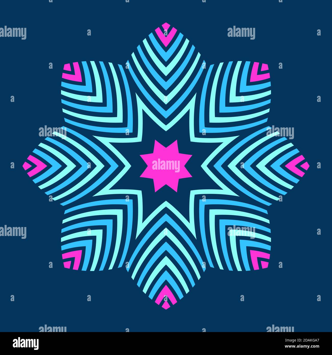 Abstract colorful symmetric symbol isolated on dark background. Stylized flower with striped petals. Logo. Design element. Star, snowflake. Geometric Stock Vector