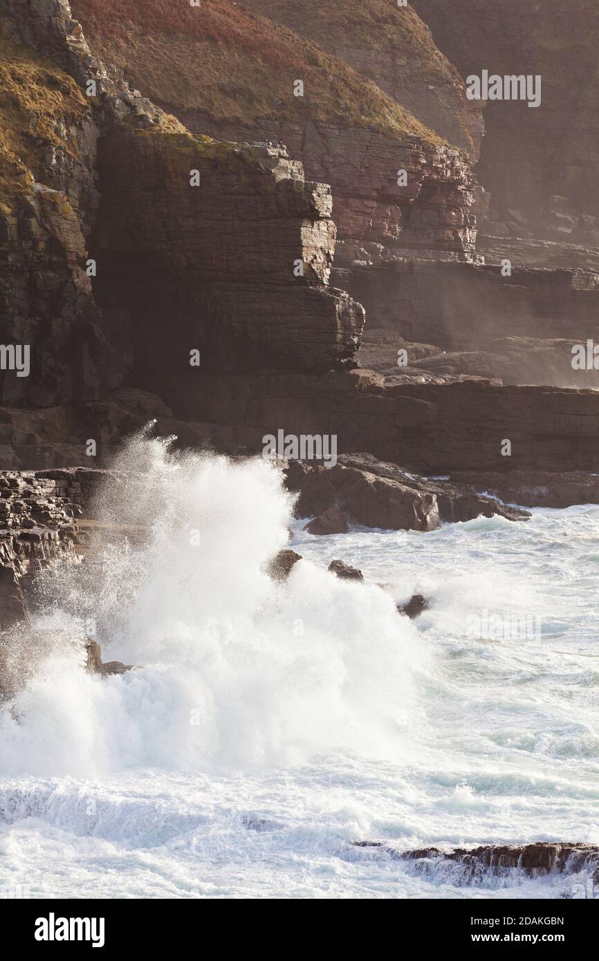 Storm waves at the Cliffs of Cap Frehel during a winter storm. Brittany ...