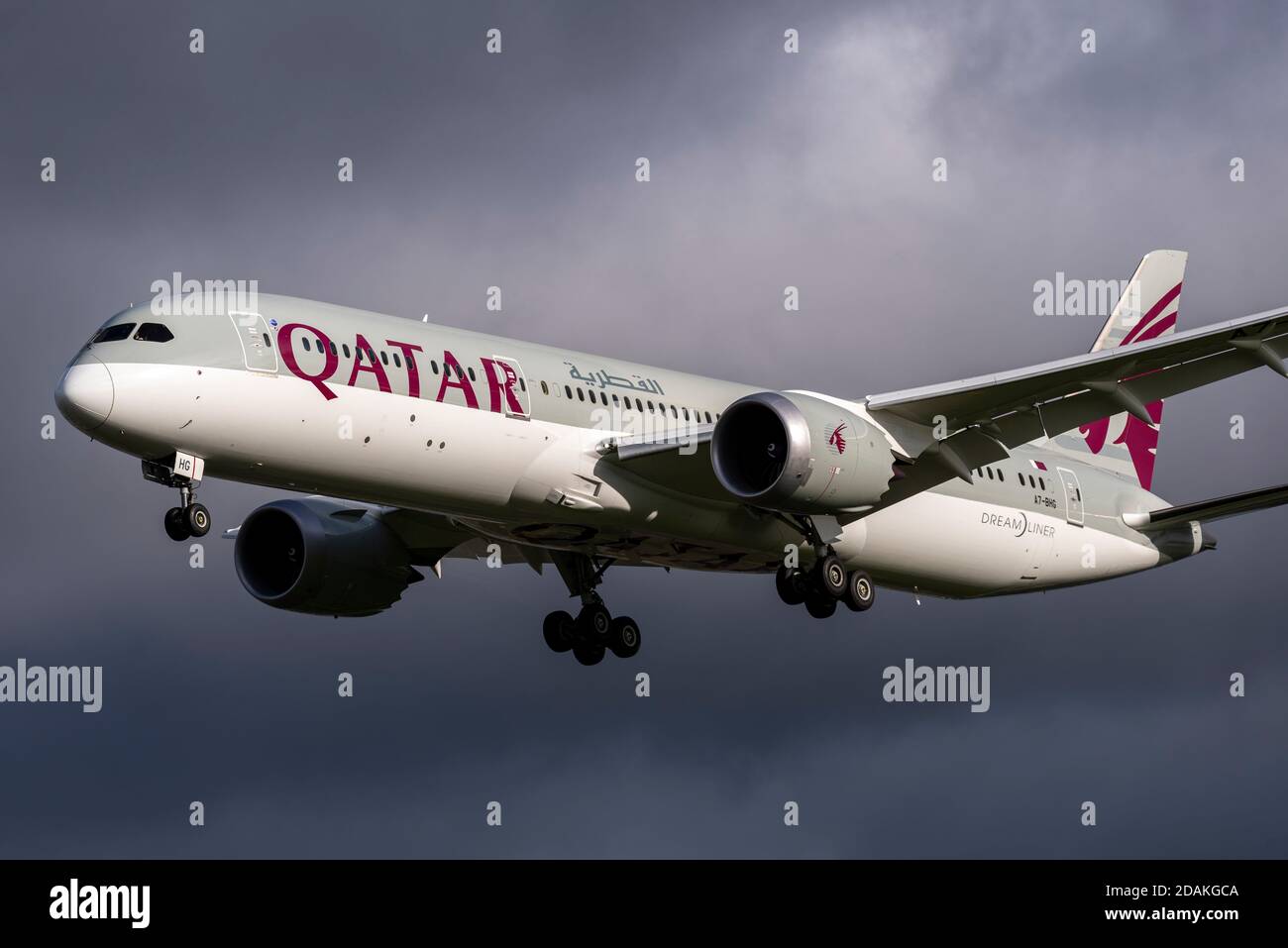 Qatar Airways Boeing 787 jet airliner plane A7-BHG on approach to land at London Heathrow Airport, UK, during the second national COVID 19 lockdown Stock Photo