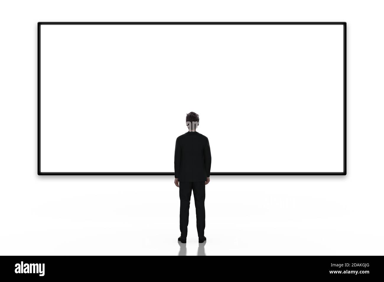 Business man looking at large blank screen or billboard on white background, rear view Stock Photo