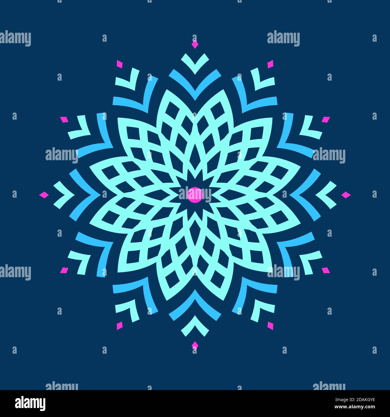 Abstract colorful symmetric symbol isolated on dark background. Stylized flower with striped petals. Logo. Design element. Star, snowflake. Stock Vector