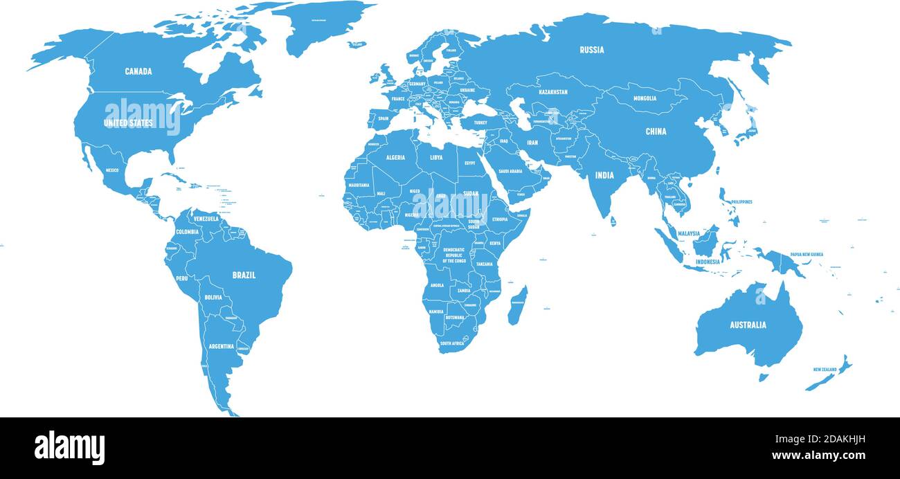 Blue political World map with country borders and white state name ...