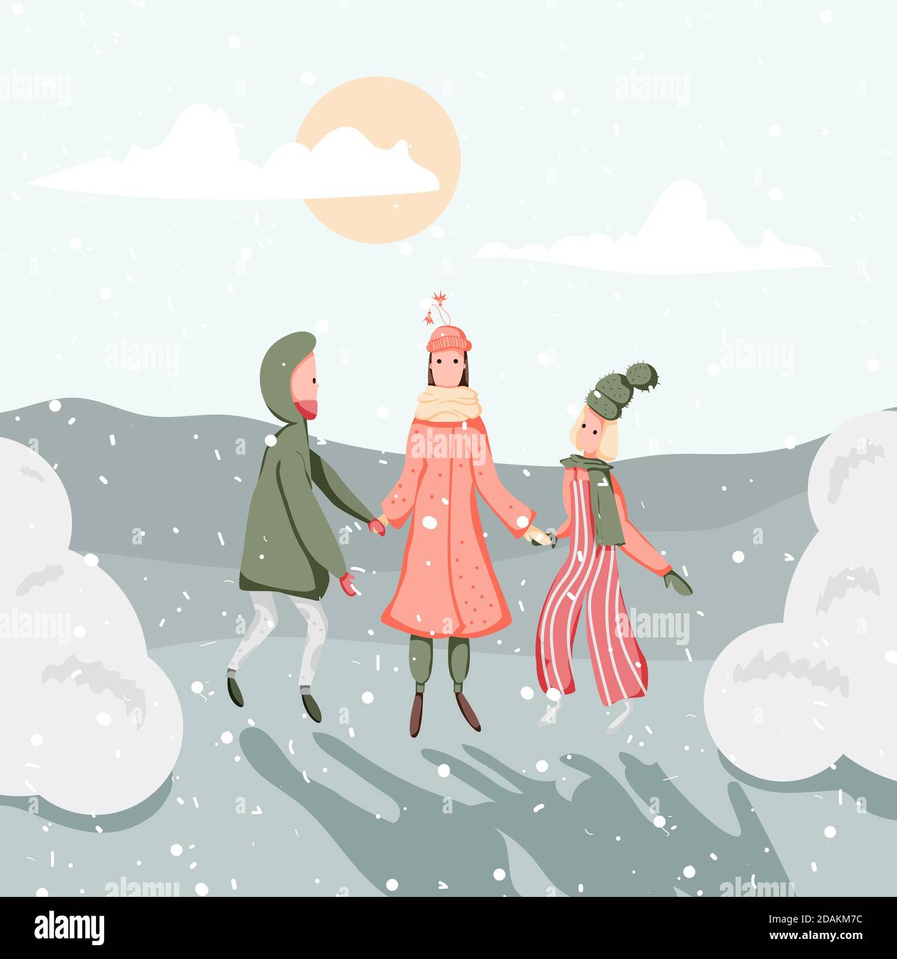 Girls are jumping in a round dance and enjoying snowy winter.  Stock Vector