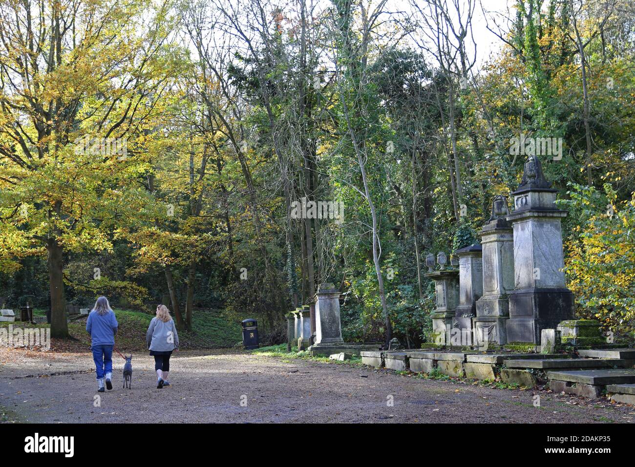 A couple walk their dog in Nunhead Cemetery, south London, UK. An impressive Victorian cemetery now wild and overgrown, but popular with local people. Stock Photo