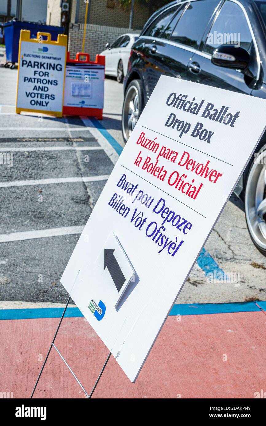 Miami Beach Florida,early voting Miami-Dade County official ballot drop box,English Spanish Creole multiple multi language languages,presidential elec Stock Photo