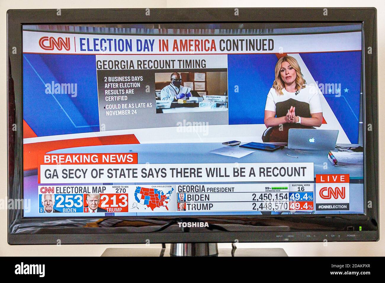 TV cable television screen monitor 2020 US presidential election results,Joe Biden Donald Trump votes electoral college popular vote count,Georgia rec Stock Photo
