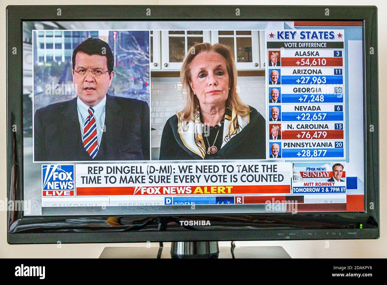 TV cable television screen monitor 2020 US presidential election results,Joe Biden Donald Trump votes electoral college popular vote count,Fox News Re Stock Photo