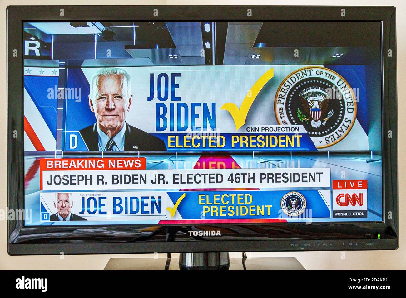 TV cable television screen monitor 2020 US presidential election results,Joe Biden Donald Trump votes electoral college popular vote count,CNN project Stock Photo